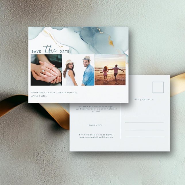 Carte Postale Dusty Blue Modern Mariage 3 Photos Enregistrer la  (dusty blue modern beach wedding photo save the date postcard romantic elegant bohemian summer chic)