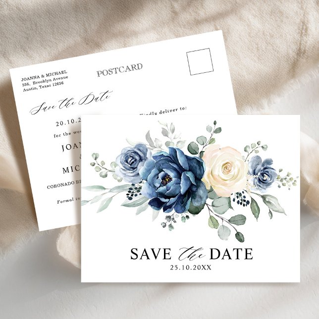 Carte Postale Dusty Blue Navy Champagne (Dusty Blue Navy Champagne Ivory Save the Date Postcard)