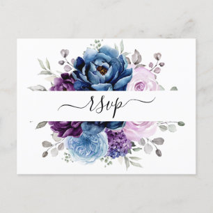 Carte Postale Dusty Blue Purple Navy Lilac Blooms Mariage RSVP