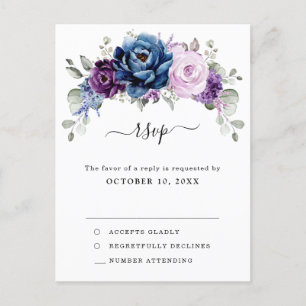 Carte Postale Dusty Blue Purple Navy Lilac Blooms Mariage RSVP