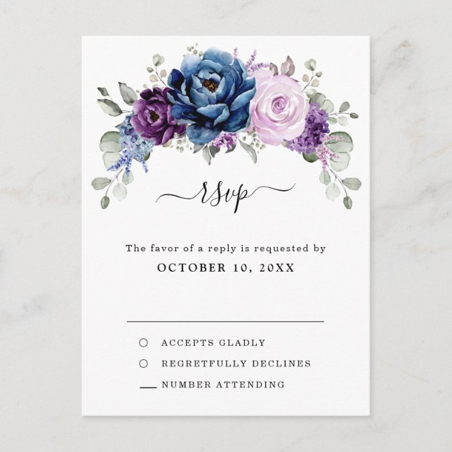 Carte Postale Dusty Blue Purple Navy Lilac Blooms Mariage RSVP (Devant)