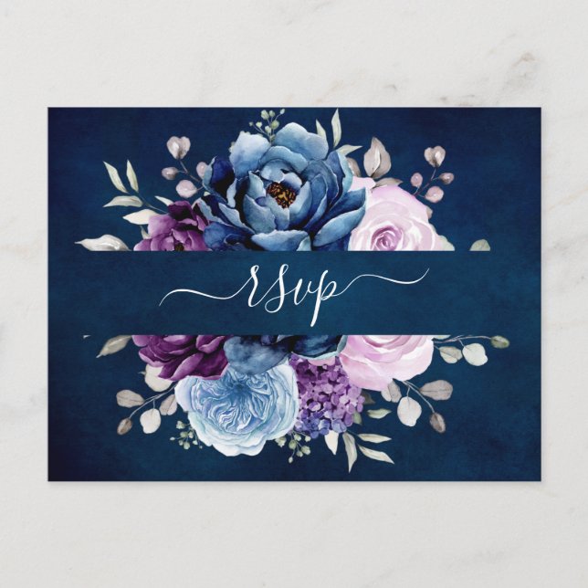 Carte Postale Dusty Blue Purple Navy Lilac Blooms Mariage RSVP P (Devant)