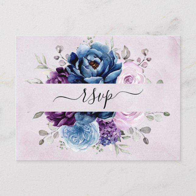 Carte Postale Dusty Blue Purple Navy Lilac Blooms Mariage RSVP P (Devant)