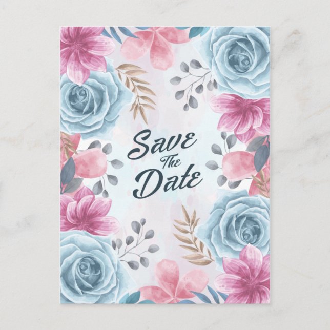 Carte Postale Dusty Blue Rose et rose floral Enregistrer la date (Devant)