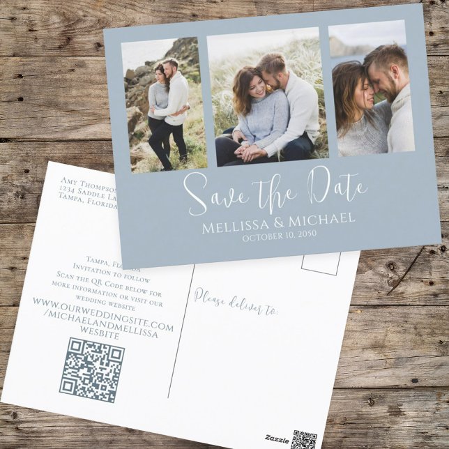 Carte Postale Dusty Blue Simple Minimalist Photo Collage QR Code (Créateur téléchargé)