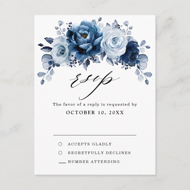 Carte Postale Dusty Blue Slate Dark Navy Floral Botanal RSVP (Devant)