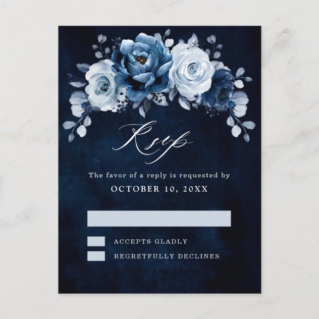 Carte Postale Dusty Blue Slate Dark Navy Floral Botanal RSVP P (Devant)