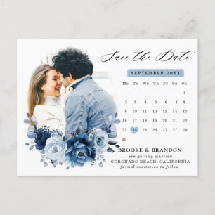 Carte Postale Dusty Blue Slate Marine Floral Wedding Enregistrer
