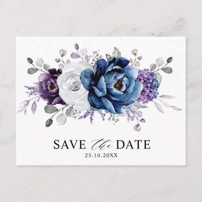 Carte Postale Dusty Blue Slate Marine Floral Wedding Enregistrer (Devant)