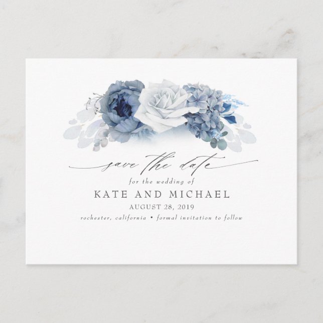 Carte Postale Dusty et Navy Blue Floral Boho Enregistrer la date (Devant)
