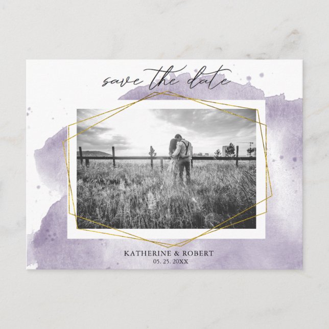 Carte Postale Dusty Gold et Purple | Photo Enregistrer La Date (Devant)