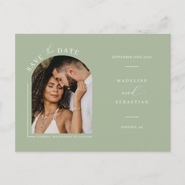 Carte Postale Dusty Green Boho Arch Photo QR Code Enregistrer la (Devant)