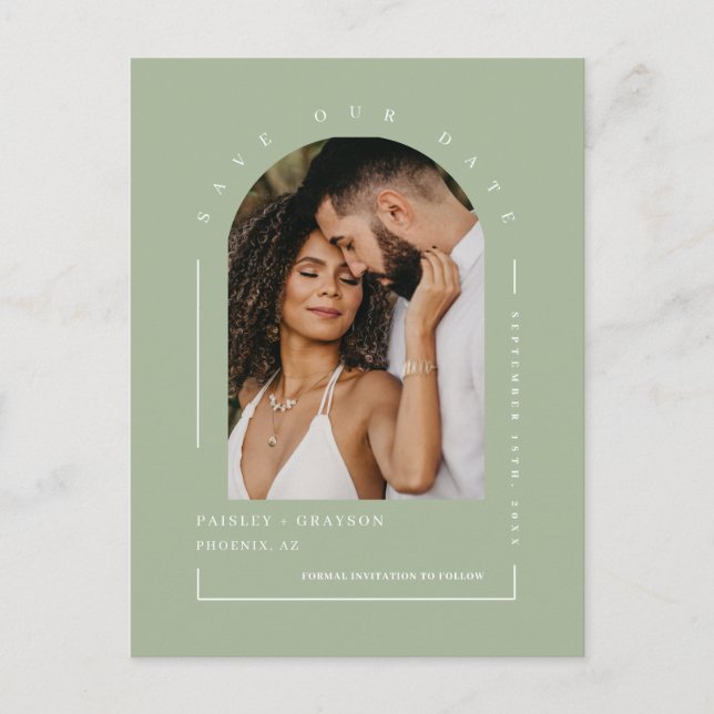 Carte Postale Dusty Green Boho Arch Photo QR Code Enregistrer no (Devant)