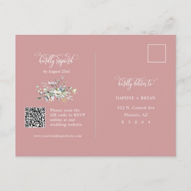 Carte Postale Dusty Pink Green Feuilles QR Code Adresse RSVP (Dos)