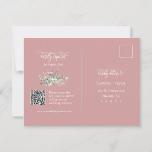 Carte Postale Dusty Pink Green Feuilles QR Code Adresse RSVP