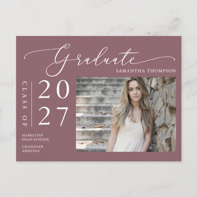 Carte Postale Dusty Purple Script Graduate Faire-part photo (Devant)