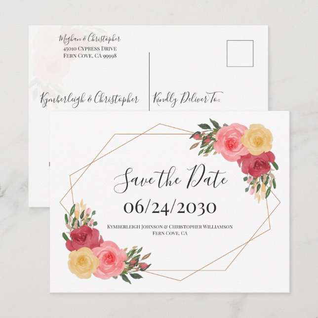 Carte Postale Dusty Rose Boho Aquarelle Floral Enregistrer la da (Devant / Derrière)