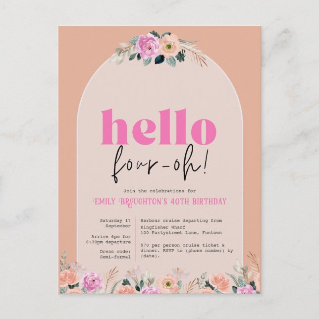 Carte Postale Dusty Rose floral "bonjour quatre-oh" 40e invitati (Devant)