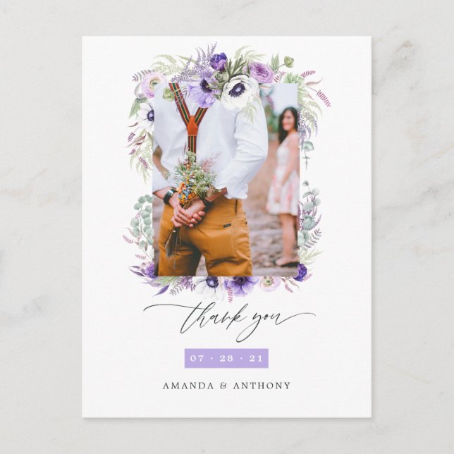 Carte Postale Dusty Violet Pastel Floral Mariage Photo Merci (Devant)