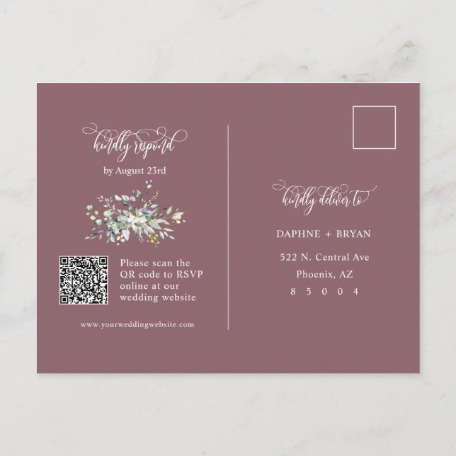 Carte Postale Dusty violet vert Feuilles QR Code Adresse RSVP (Dos)