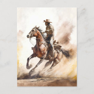 Carte Postale Dusty Western Watercolor Cowboy Riding Mustang