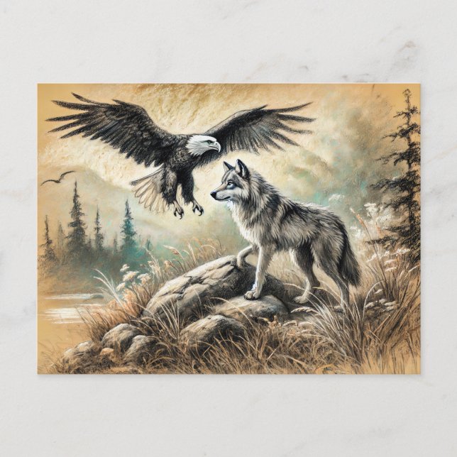 Carte Postale Eagle and Wolf à Wild Landscape (Devant)