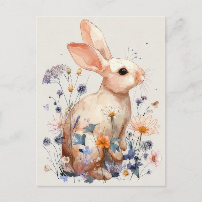 Carte Postale Easter Postcard with Flowers and Easter Bunny (Devant)
