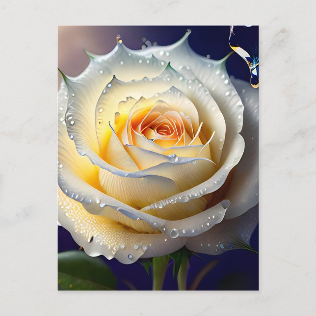 Carte Postale Eau éclatante sur une rose blanche (Devant)