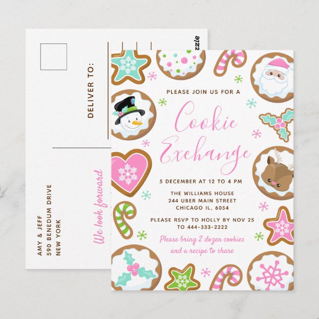 Carte Postale Échange de biscuits de Noël rose et vert (Devant / Derrière)