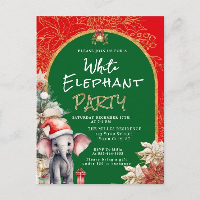 Carte Postale Échange de cadeaux éléphant blanc or, blanc et ver (Devant)
