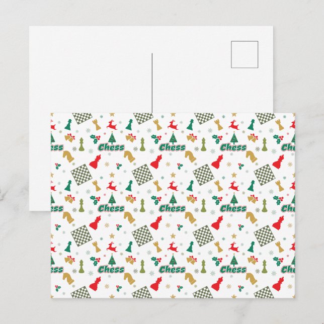 Carte Postale Échecs de Noël - Pièces, Arbre, Holly, Rennes (Devant / Derrière)