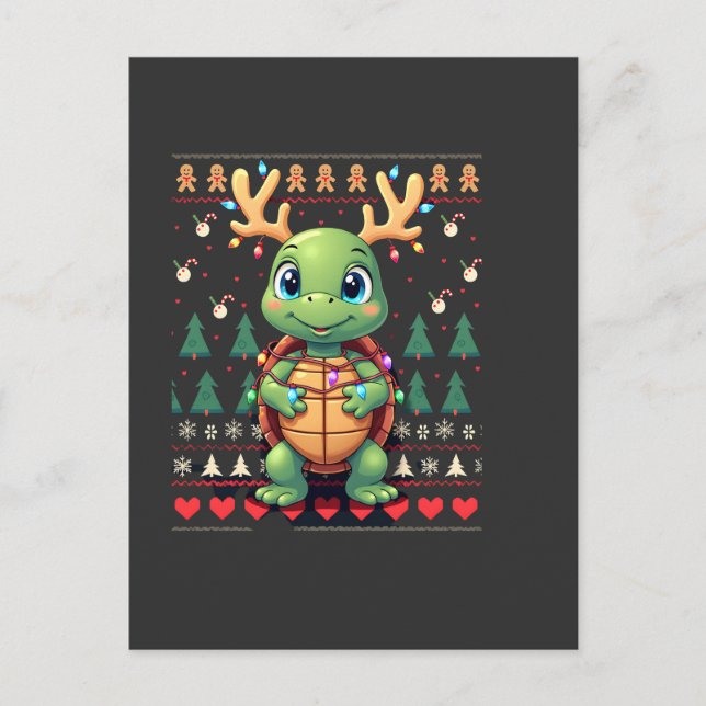 Carte Postale Éclairage de style pull de Noël moche Tortue de No (Devant)