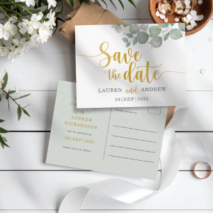 Carte Postale Économisez la date de mariage rustique Eucalyptus 