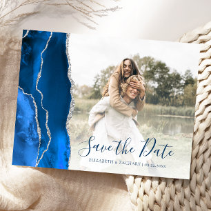 Carte Postale Économisez la date de Royal Blue Silver Agate Phot
