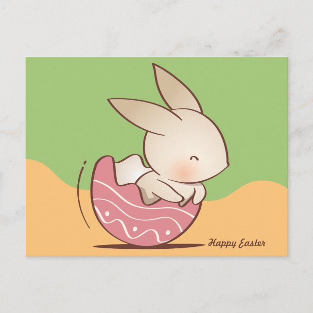 Carte Postale Écouter du lapin mignon, Oeuf de Pâques rose (Devant)