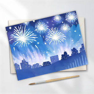 Carte Postale Écran Firework bleu Aquarelle Fireworks