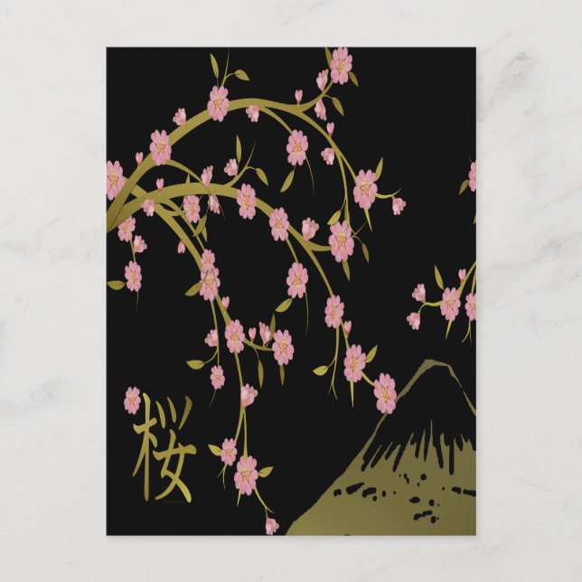Carte Postale Écran Japonais Rose Sakura Or Noir (Devant)
