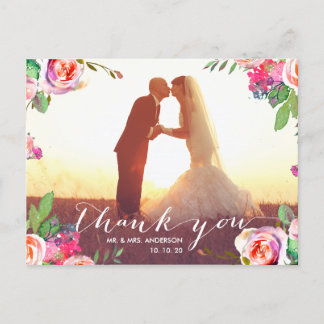 Carte Postale Écriture à main florale 2 Mariage photo Merci
