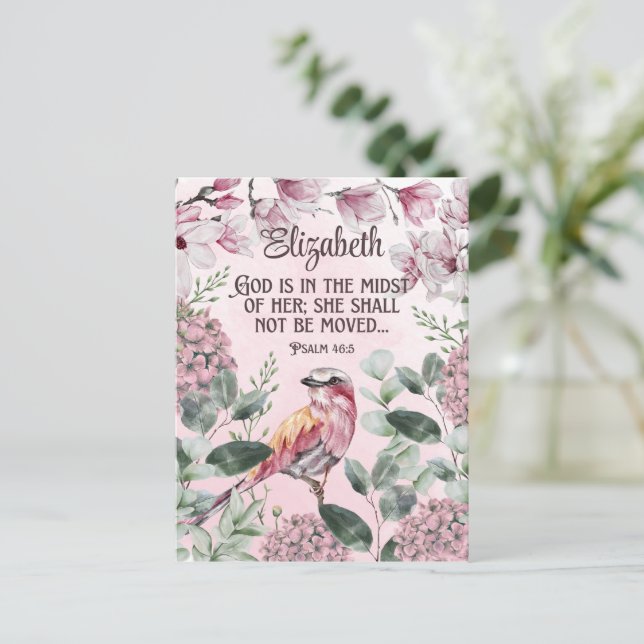 Carte Postale Ecriture chrétienne Aquarelle Oiseau Fleurs Nom P (Debout devant)