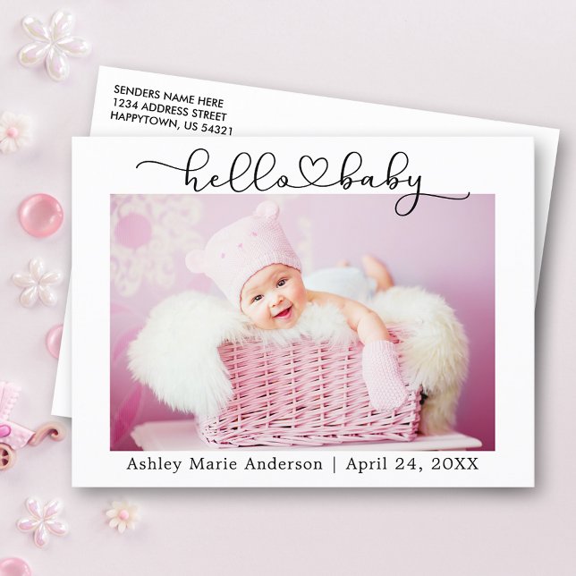 Carte Postale Écriture de calligraphie moderne cœur hello baby (Customize to change your personalized text size or text style.)