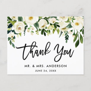 Carte Postale Écriture Pinceau Vert Blanc Floral Mariage Remerci
