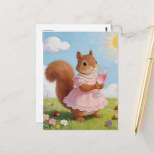Carte Postale Écureuil adorable dans une robe rose avec une bois
