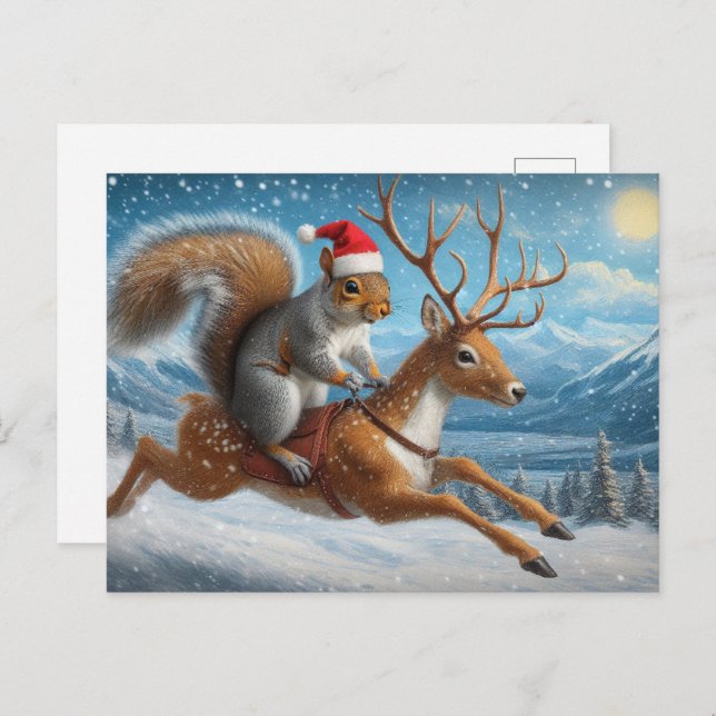 Carte Postale Écureuil adorable Père Noël Reindeer Noël neige (Devant / Derrière)