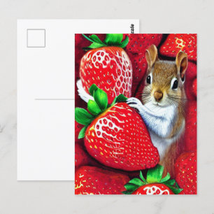 Carte Postale Écureuil au paradis des fraises