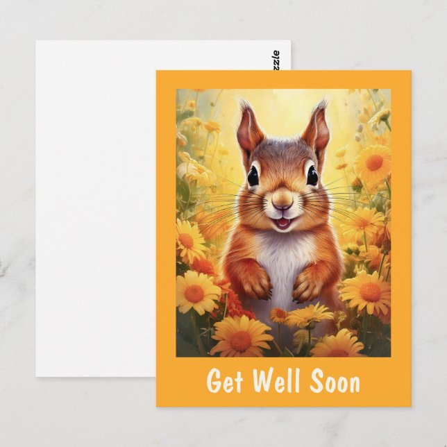 Carte Postale Écureuil dans les fleurs jaunes Cadeau prompt réta (Devant / Derrière)