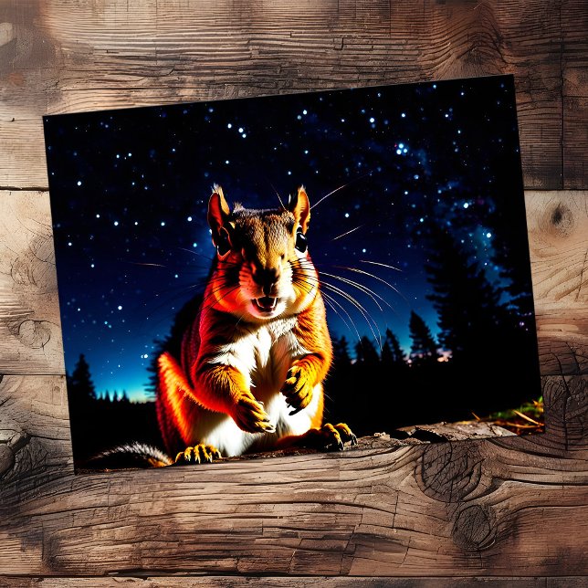 Carte Postale Écureuil de camping drôle - Gros plan d'animal mig (Funny camping closeup of a squirrel with night sky)