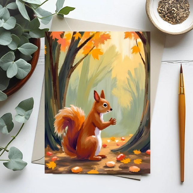 Carte Postale Écureuil de forêt | Aquarelle d'animal d'automne A (Créateur téléchargé)
