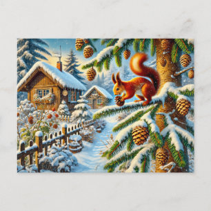 Carte Postale Écureuil ramassant des cônes de pin