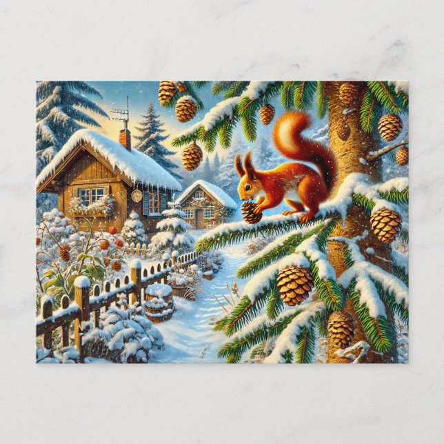 Carte Postale Écureuil ramassant des cônes de pin (Devant)