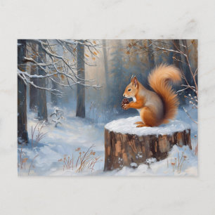 Carte Postale Écureuil roux dans la forêt enneigée d'hiver